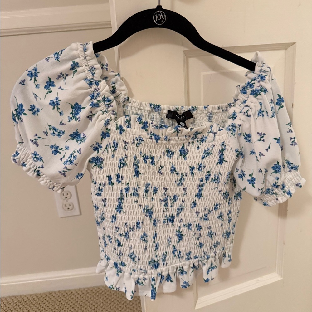 Aqua White and Blue Floral Kids Top